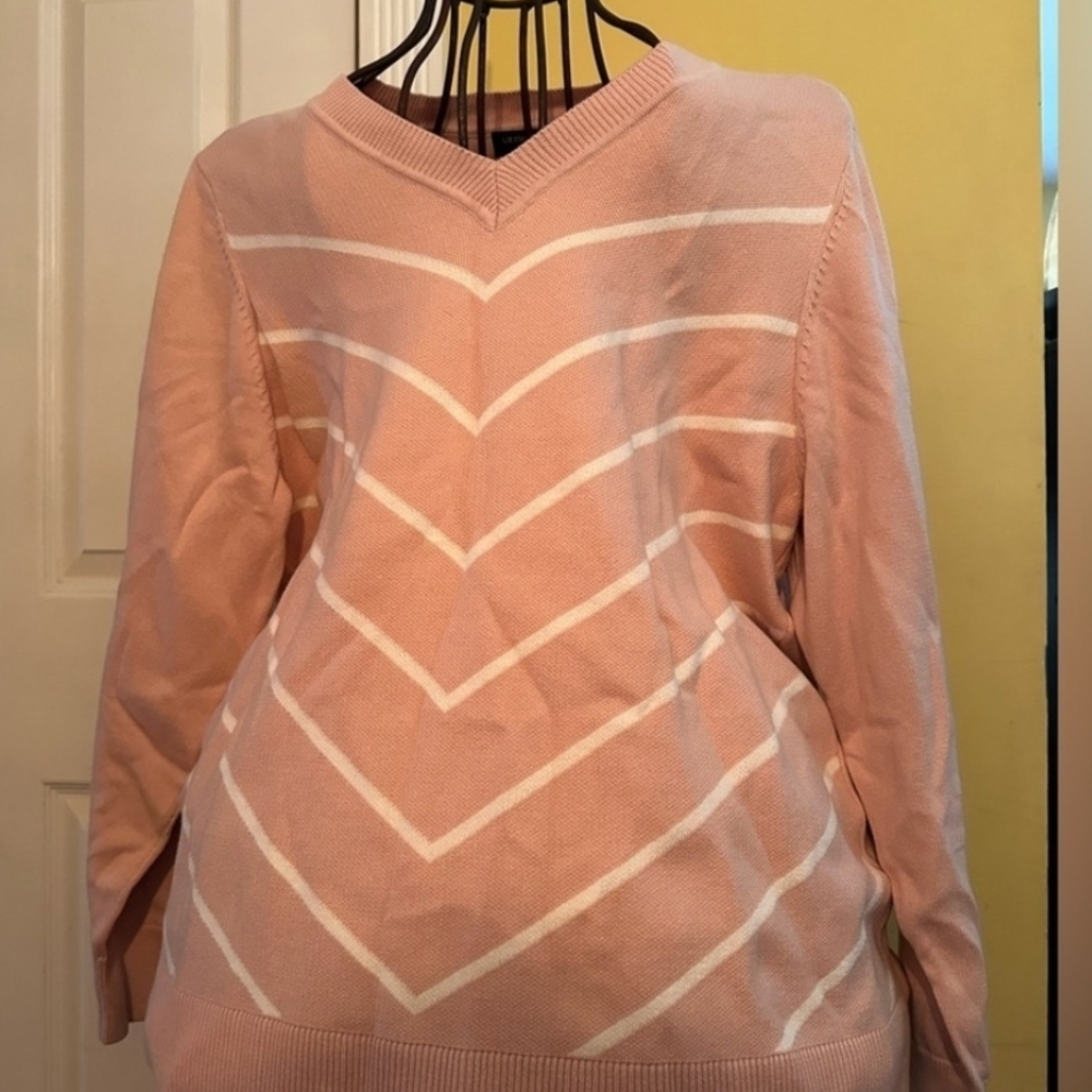 Liz Claiborne V-Neck Sweater in Pink and White Chevron
